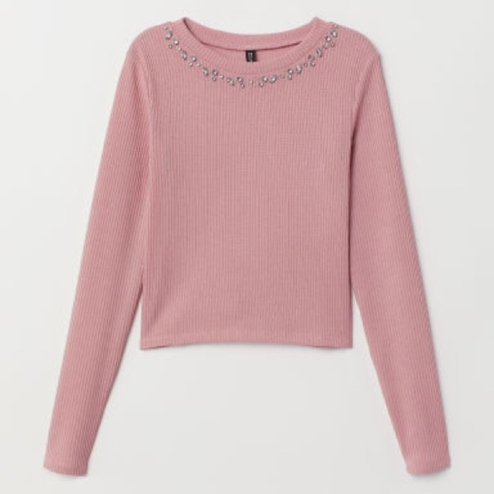 H&M ribbed Jersey top.Vintage pink with stones.NWT